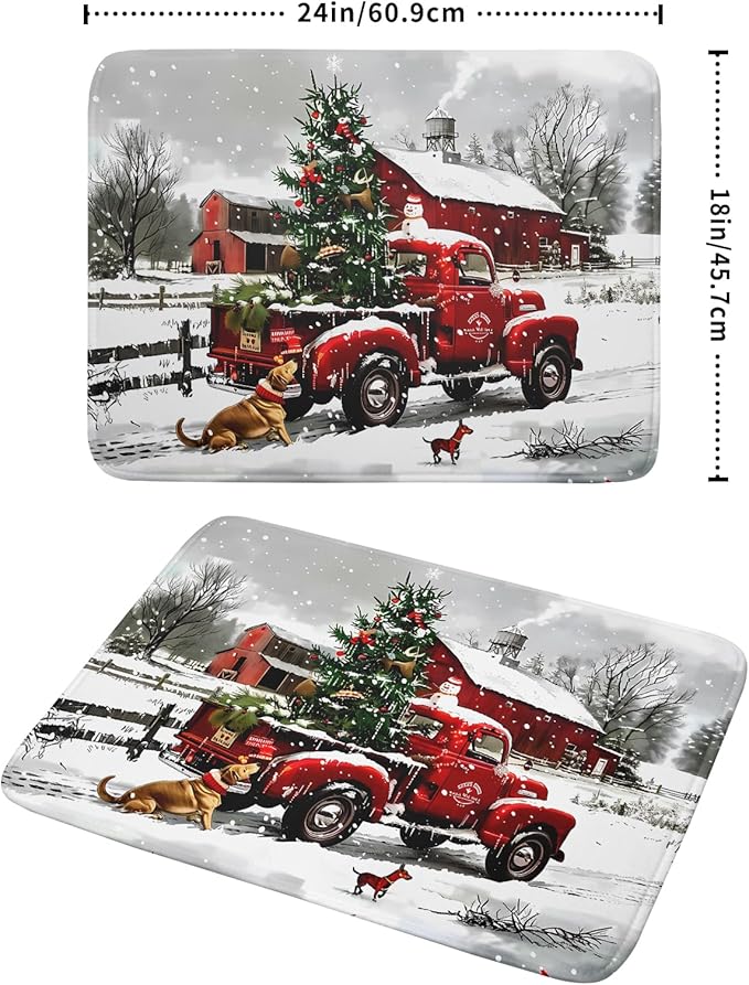 Red Truck Christmas Dish Drying Mat for Kitchen Counter 18x24 Inch Winter Xmas Tree Snowman Dog Print Absorbent Reversible Microfiber Drying Mats Kitchen Countertop Protector Dishes Drainer Rack Pad - Image 2