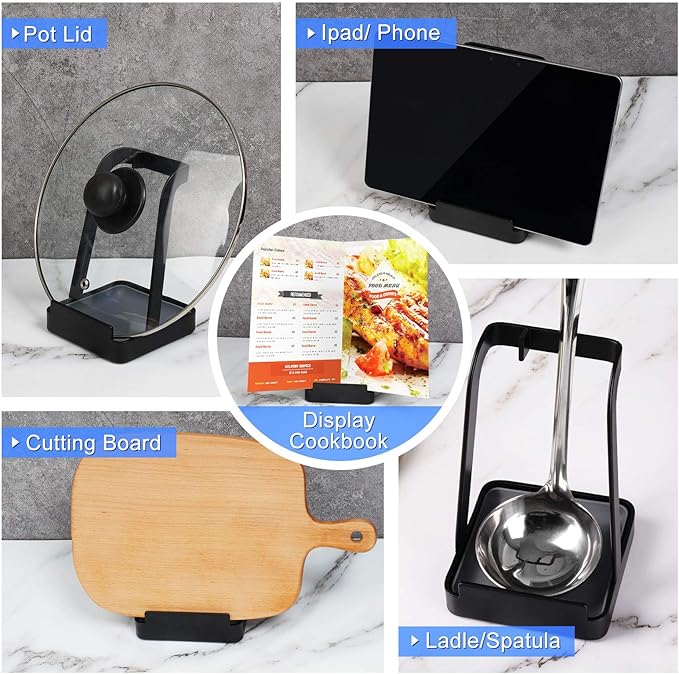 NiHome Versatile Pot Lid Ladle Holder Multipurpose Spatula Pad Book Cutting Board Spoon Rest Kitchen Utensils Drip Tray Washable Durable Stable Tack-Free Installation (Black) - Image 5