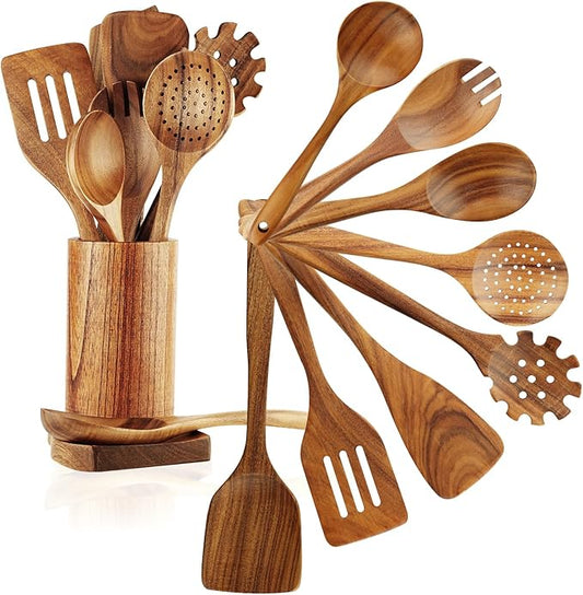 FJNATINH Wooden Spoons for Cooking, 10 Pcs Teak Wooden Cooking Utensil Set with Holder, Wooden Kitchen Utensils Set for Nonstick Pans & Cookware by HOMEKITCHENTOOL
