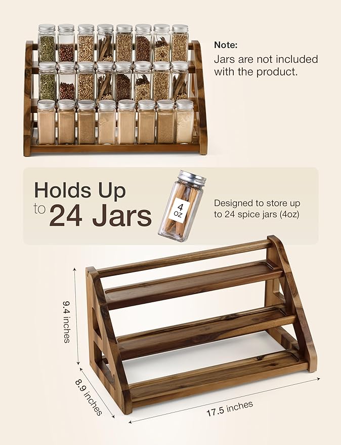 Tinamo Acacia Wood Spice Rack - Wooden 3-Tier Spice Rack Organizer for Countertop or Cabinet – Kitchen Spice Organizer and Seasoning Organizer Shelf (Walnut) - Image 2