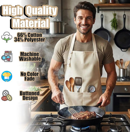 TOSHE Kitchen Apron Waterdrop Resistant Cotton Apron with adjustable Aprons for Women with Pockets 10 Color option Cooking Cream Apron (Cream) - Image 3