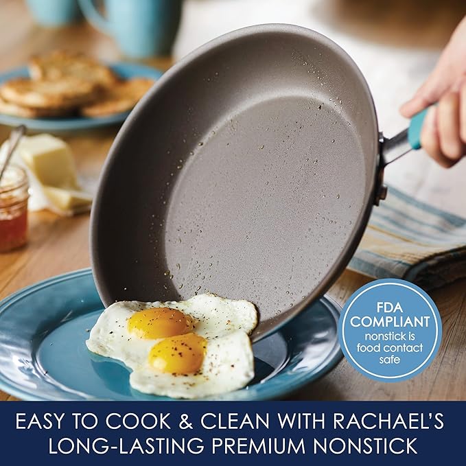 Rachael Ray Cucina Hard Anodized Nonstick Cookware Pots and Pans Set, 12 Piece, Gray with Blue Handles - Image 3