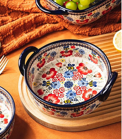 Vintage Flowers Style Ceramic Bakeware Casserole Dish Baking Pan Lasagna Pans Baking Dish with Handles for Oven/Cooking/Kitchen-1 PCS-Red Flowers-32 OZ - Image 4