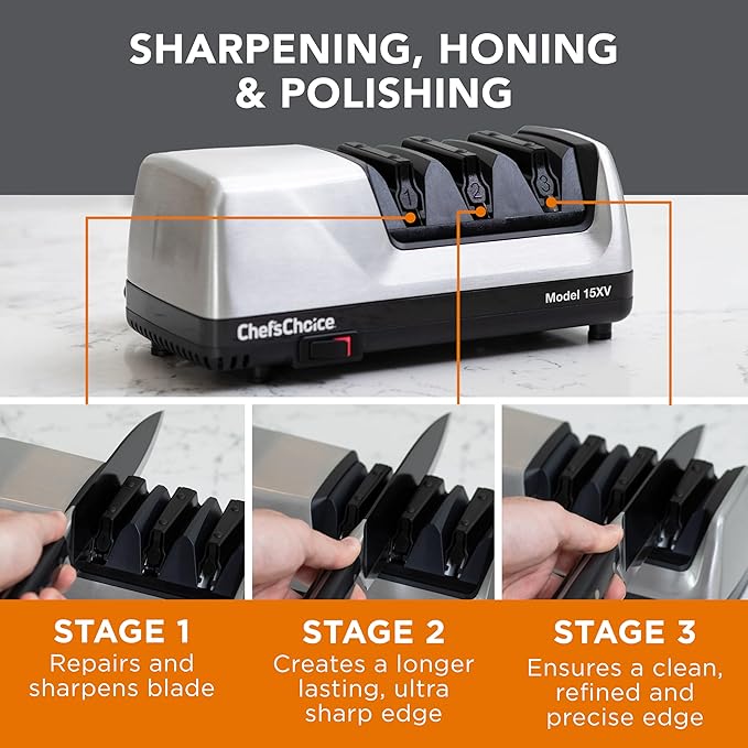 Chef'sChoice 15XV Professional Electric Knife Sharpener with Durable Metal Housing & 100-Percent Diamond Abrasives and Precision Angle Guides for Straight Edge and Serrated Knives, 3-Stage, Metallic - Image 7