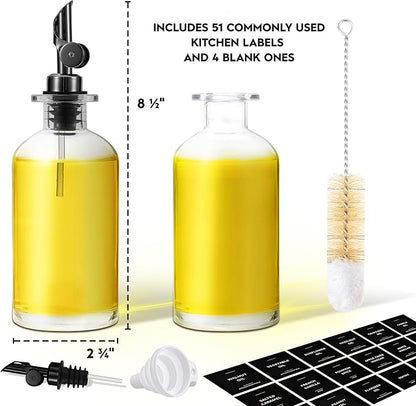 Spaceneat Oil Dispenser for Kitchen - Glass Olive Oil Bottle Set of 2 (11.8oz) with Black Weighted Self-Closing Pourer - Cooking Oil Dispenser with 66 Labels, Aligner & Funnel