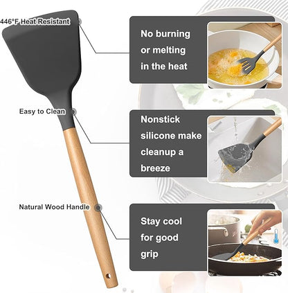 E-far Gray Silicone Cooking Utensils Set, 10-Piece Kitchen Utensils Set with Wooden Handle for Nonstick Cookware, Heat Resistant Kitchen Nonstick Tools Spatula Whisk Tongs Ladle, Non-toxic & Healthy - Image 3