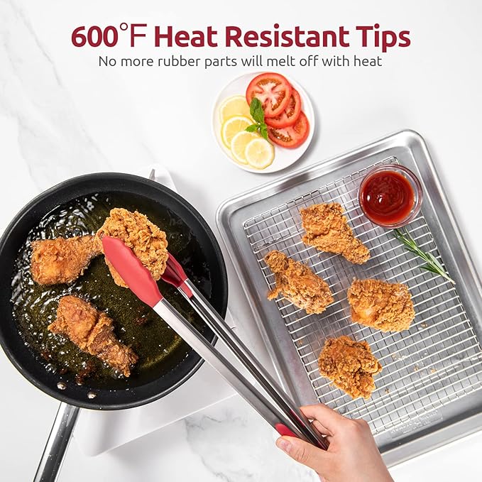 600ºF Heat Resistant Kitchen Tongs: U-Taste 16 inch Extra Long Large Silicone Cooking Tong with Sturdy Non Stick Rubber Tips & Non Slip Silicon Coated 18/8 Stainless Steel Handle for Grilling BBQ(Red) - Image 3