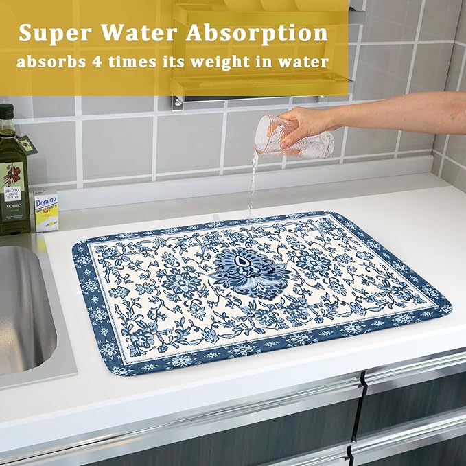 Boho Floral Blue Dish Drying Mat for Kitchen Counter 18x24 Vintage Chinoiserie Flower Print Absorbent Reversible Microfiber Drying Mats Kitchen Countertop Protector Dishes Drainer Rack Pad - Image 7