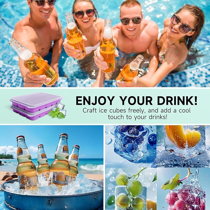 Tvmania Ice Cube Trays Set of 2, Easy Release 15 Flexible Silicone Ice Cube Molds with Removable Lid Reusable Freezer Ice Trays Stackable for Whiskey, Baby Food, BPA Free (purple) - Image 6