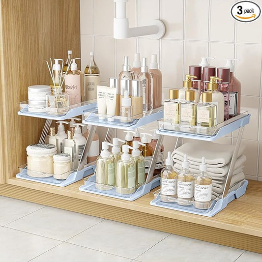 3 Pack Bathroom Organizers and Storage - Multi-Purpose,2-Tier Clear Pull Out Organization for Bathroom,Under Sink,Kitchen,Vanity,Countertop,Cabinet,Pantry & Medicine Cabinet,Blue