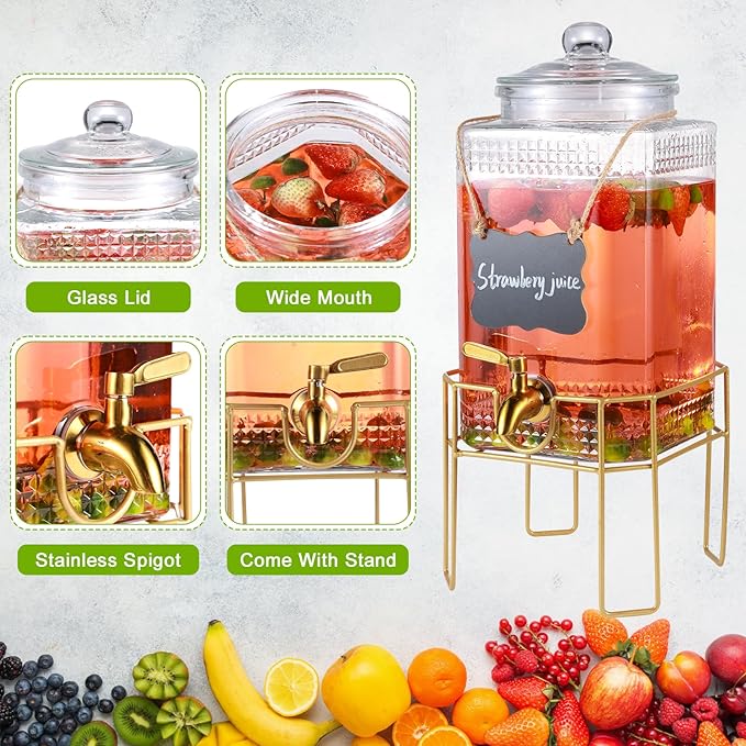 Drink Dispensers for Parties,1.5 Gallon Drink Dispenser,Beverage Dispenser with Stand,Glass Lid and Stainless Steel Spigot Leak-proof, Ideal for Lemonade,Juice, Tea, and Party Drinks - Image 4