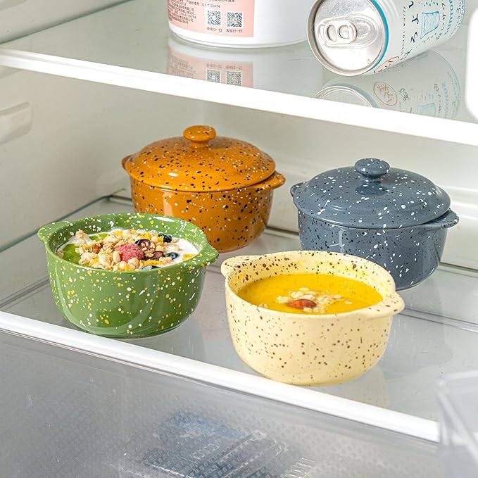 Oven-Safe 4-Pack Mini Ceramic Casserole Dishes (10 Oz Each) - With Lids & Handles - Ideal for Souffle, Soup, Cobbler, Stoneware Baking Ramekins for Individual Servings,Green