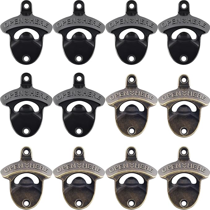12 PCS Wall Mount Beer Opener Bulk, Black Retro Bottle Opener Mounted, Stainless Mountable Bottle Cap Opener for Kitchen Table Post