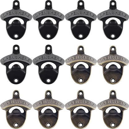 12 PCS Wall Mount Beer Opener Bulk, Black Retro Bottle Opener Mounted, Stainless Mountable Bottle Cap Opener for Kitchen Table Post