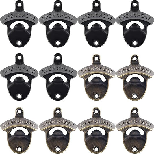 12 PCS Wall Mount Beer Opener Bulk, Black Retro Bottle Opener Mounted, Stainless Mountable Bottle Cap Opener for Kitchen Table Post