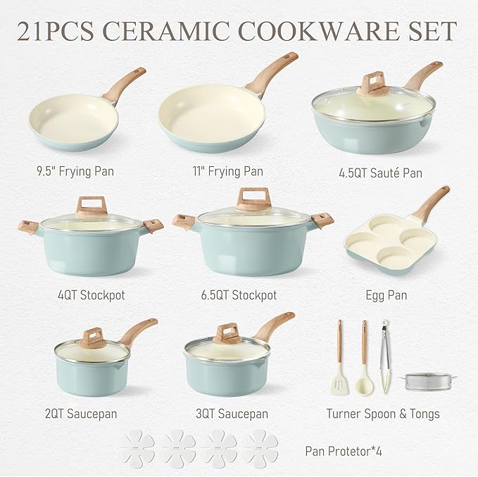 CAROTE 21-Piece Ceramic Pots and Pans Cookware Set, Non Stick Induction Cook Ware Kitchen Cooking Set Non-Toxic Health, PFAS Free - Image 2