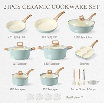 CAROTE 21-Piece Ceramic Pots and Pans Cookware Set, Non Stick Induction Cook Ware Kitchen Cooking Set Non-Toxic Health, PFAS Free - Image 2