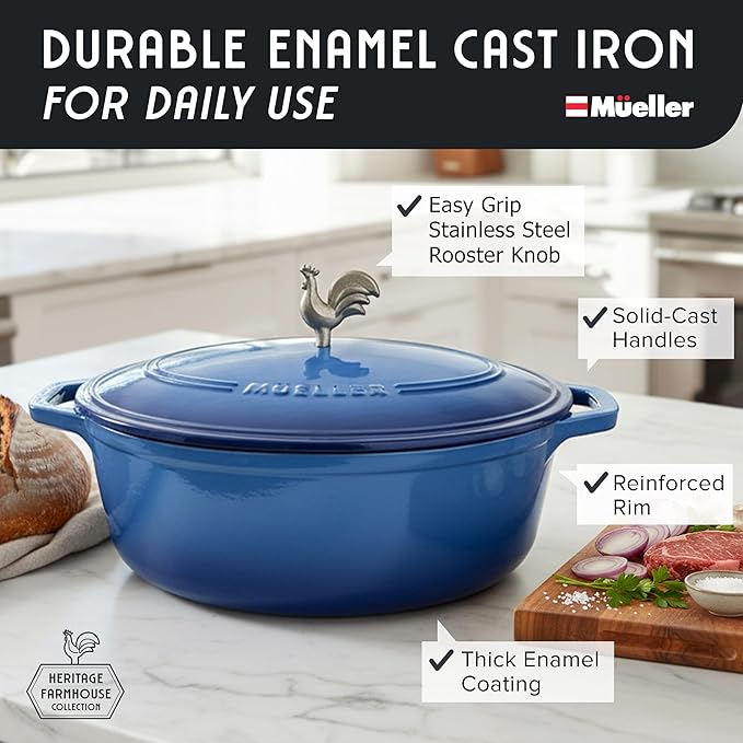MUELLER HOME 5.5 Quart Enameled Cast Iron Oval Dutch Oven w Rooster Knob & Cotton Potholders, Heavy-Duty Cookware, Oven-Safe up to 500° F & Across All Cooktops, Gifts for Grandma & Women, Aqua Blue - Image 2