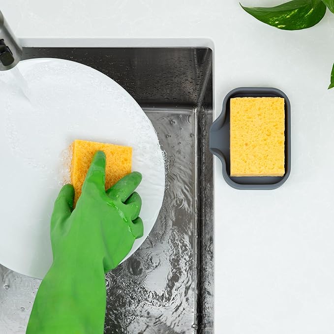 Zulay Kitchen Small Silicone Sponge Holder (4.9x3.3”) – Space-Saving Sink Organizer Tray for Sponge, Soap, Brush & More – Compact Non-Slip Dish for Kitchen & Bathroom (Grey) - Image 3