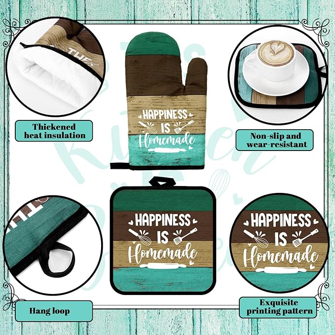 Fourluoo 10 Pcs Farmhouse Kitchen Decor and Accessories Set 4 Kitchen Towels 2 Pot Holders 2 Oven Mitts 2 Rugs for Cooking Baking Mom Housewarming Gifts(Green,Classic Style) - Image 5