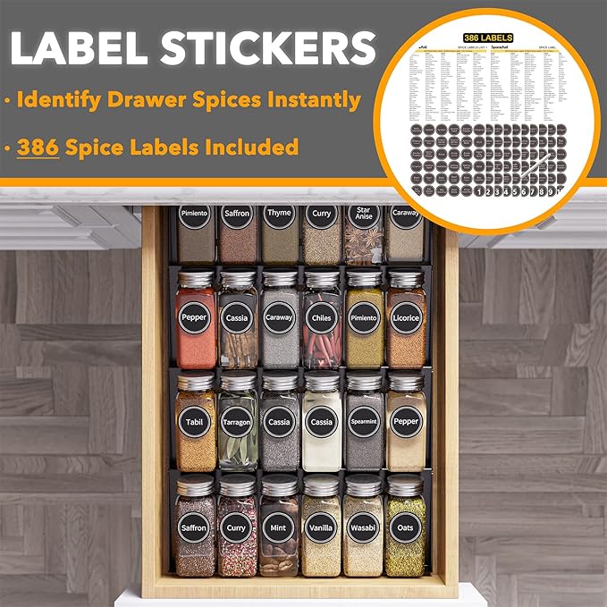 SpaceAid Spice Drawer Organizer with 24 Spice Jars, 386 Spice Labels, 4 Tier Seasoning Rack Tray Insert for Kitchen Drawers, 11.25" Wide x 17.5" Deep - Image 3