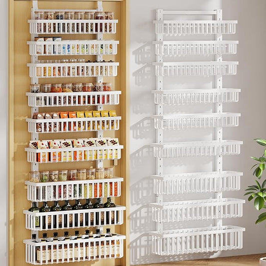 POKIPO 9 Tier Over The Door Pantry Organizer, 2 in 1 Wall Mount or Hanging Spice Rack with Adjustable Deep Basket, Heavy-Duty Seasoning Organizer and Storage for Kitchen Cabinet Closet Bathroom by POKIPO