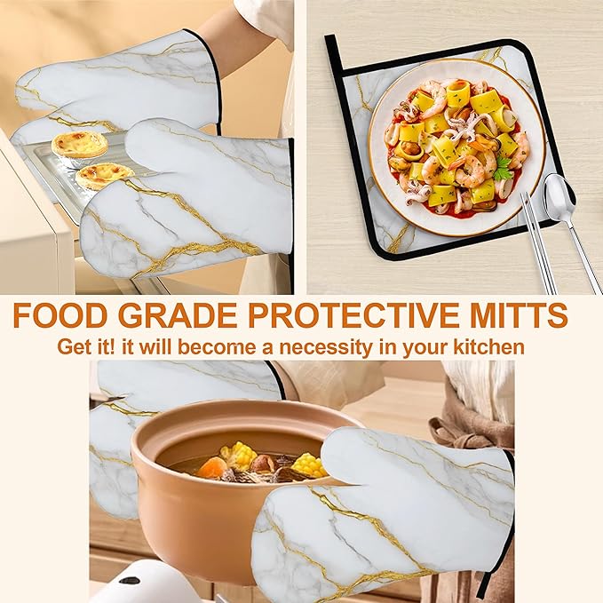 White Gold Marble Oven Mitts and Heat Resistant Pads - Heat Resistant Gloves Potholder Set of 4 for Cooking, BBQ, Gifts for Women