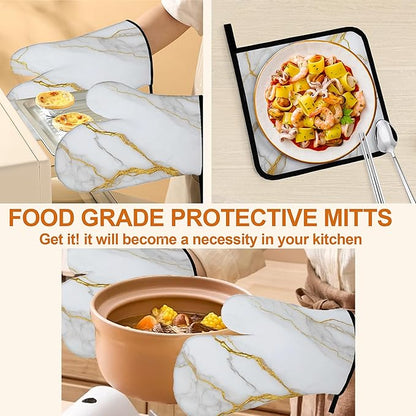 White Gold Marble Oven Mitts and Heat Resistant Pads - Heat Resistant Gloves Potholder Set of 4 for Cooking, BBQ, Gifts for Women