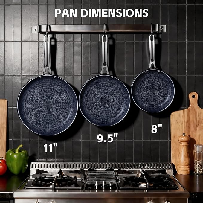 Ammeloo Hybrid Tri-Ply Stainless Steel Frying Pan Set, 8"/9.5"/11" Cooking Pans, Non Stick Frying Pans and Skillets, Chef Pan, Non Toxic, Dishwasher Safe, Induction Compatible, Blue Interior