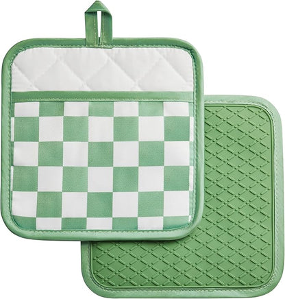 Ohocut Sage Green Checkered Pot Holder, Checkerboard Potholders for Kitchen, Silicone Pot Holders with Pocket for Kitchen Clearance 2 Pack Set, Hot Pads and Oven Mitts for Cooking Baking by Ohocut