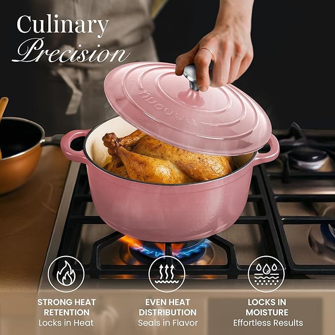 Nuovva Enamelled Cast Iron Dutch Oven Pot with Lid 6.4 Quart Non Stick Casserole Pot – Heavy Duty & Oven Safe up to 500° F for Bread Baking, Braising, Stews, Roasting – 28cm Pink - Image 7