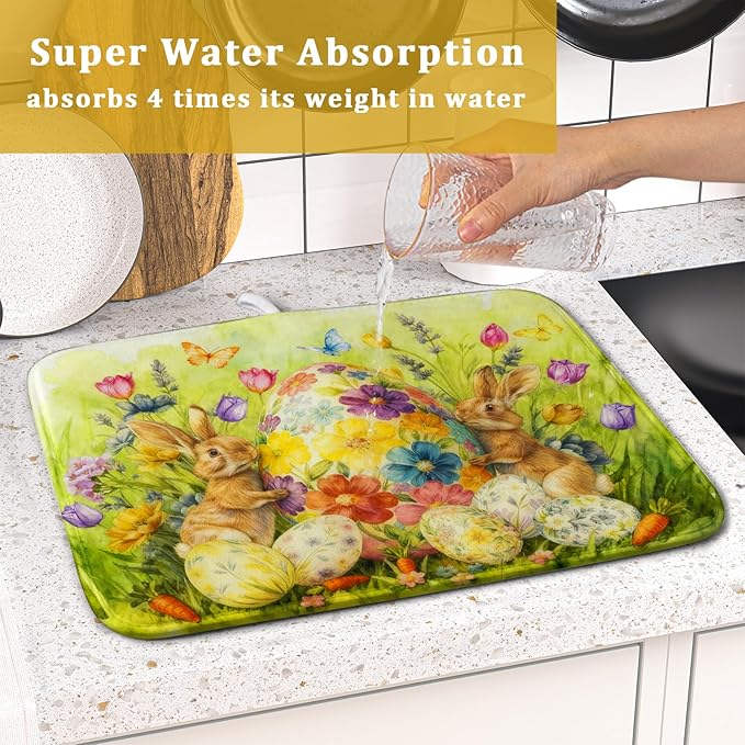 Easter Dish Drying Mat for Kitchen Counter Spring Bunny Microfiber Countertop Mat Small - Image 7