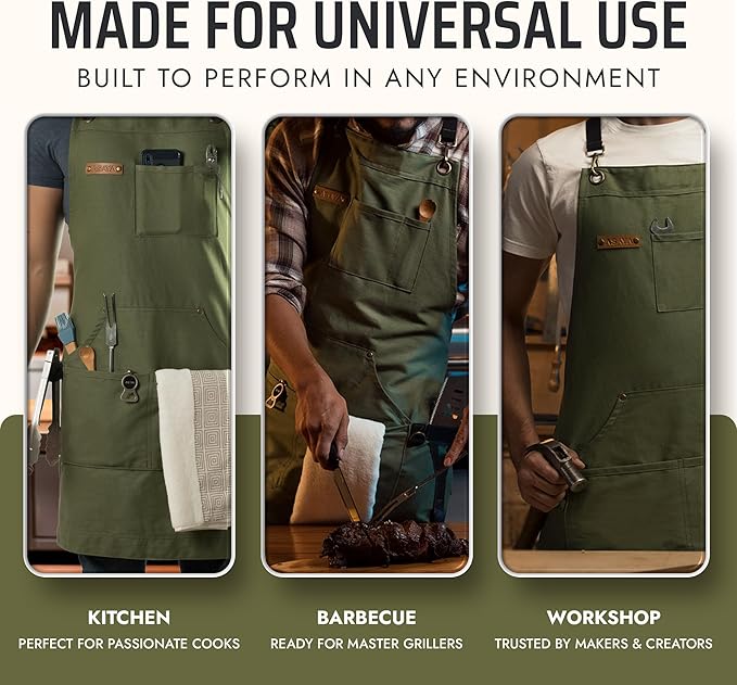 Asaya Chef and BBQ Apron with Bottle Opener and Hand Towel - 10oz Cotton Canvas, Stainless Steel Hardware - Cross Back Straps - Image 7