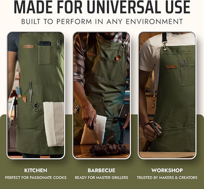 Asaya Chef and BBQ Apron with Bottle Opener and Hand Towel - 10oz Cotton Canvas, Stainless Steel Hardware - Cross Back Straps - Image 7