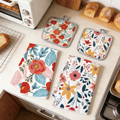 6 Pcs Kitchen Stuff, Wild Floral Kitchen Oven Mitts, Pot Holders Sets with Microfiber Kitchen Towels,Kitchen Accessories, Gifts for Women