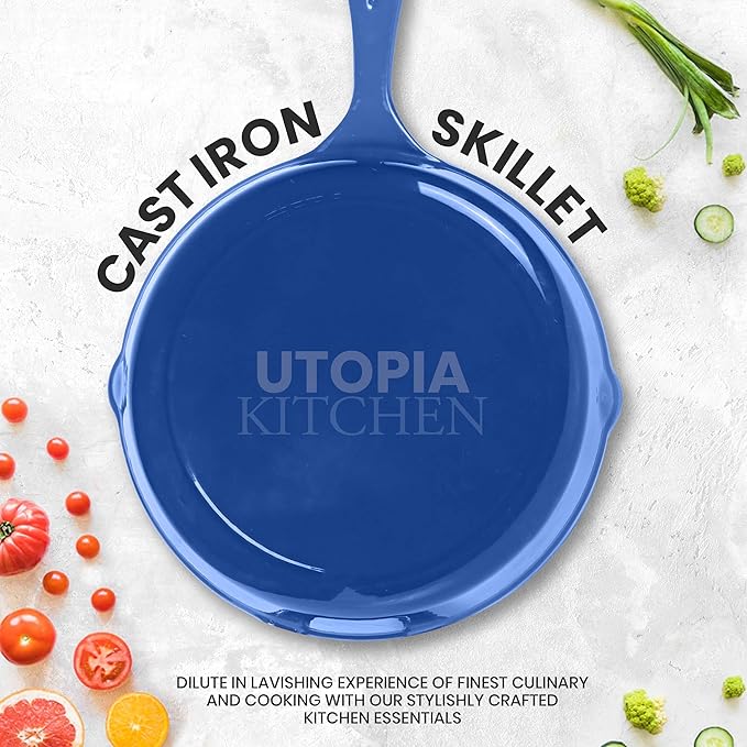 Utopia Kitchen Cast iron Skillets 3 Piece Set, Chefs Pan, Pre Seasoned Cast iron Skillets, 6, 8 & 10 Inches, Easy Use in the Oven, Stove, Grill, or Campfire, Blue - Image 3