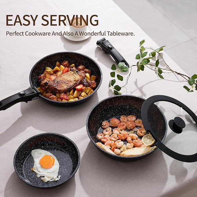 BECIGAR Nonstick Ceramic Cookware Set 21PCS with Detachable Handle, Pans and Pots Set, RV Kitchen Set Cookware Set, Pan Pots with Removable Handles, Oven Safe, Induction Ready(Black) - Image 7