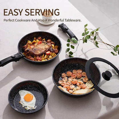 BECIGAR Nonstick Ceramic Cookware Set 21PCS with Detachable Handle, Pans and Pots Set, RV Kitchen Set Cookware Set, Pan Pots with Removable Handles, Oven Safe, Induction Ready(Black) - Image 7