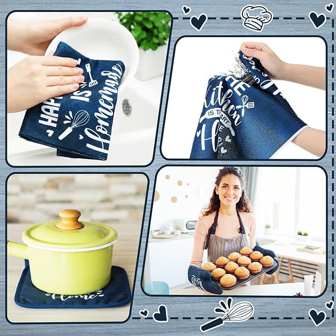 Leinuosen 8 Pcs Kitchen Towels and Oven Mitts Sets Pot Holders Dishcloths Set Kitchen Decorative Accessories Absorbent Potholders Heat Resistant for Chef Baking Cooking - Image 6