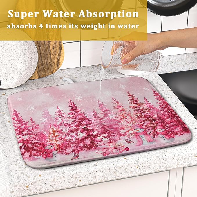 Pink Winter Dish Drying Mat Forest Washable Drying Matt Kitchen Counter Absorbent Coffee Mat for Women - Image 7