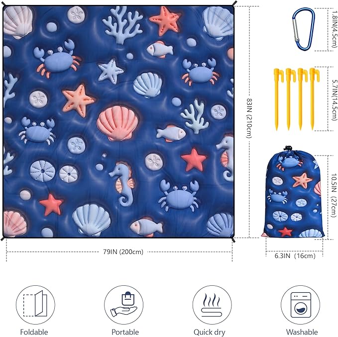 WIWIGO Beach Blanket Waterproof Sandproof Beach Mat 79" X 83"/10'x9'for 2-8 Adults Quick Drying Outdoor Picnic Mat Beach Accessories for Travel, Camping, Hiking - Image 2