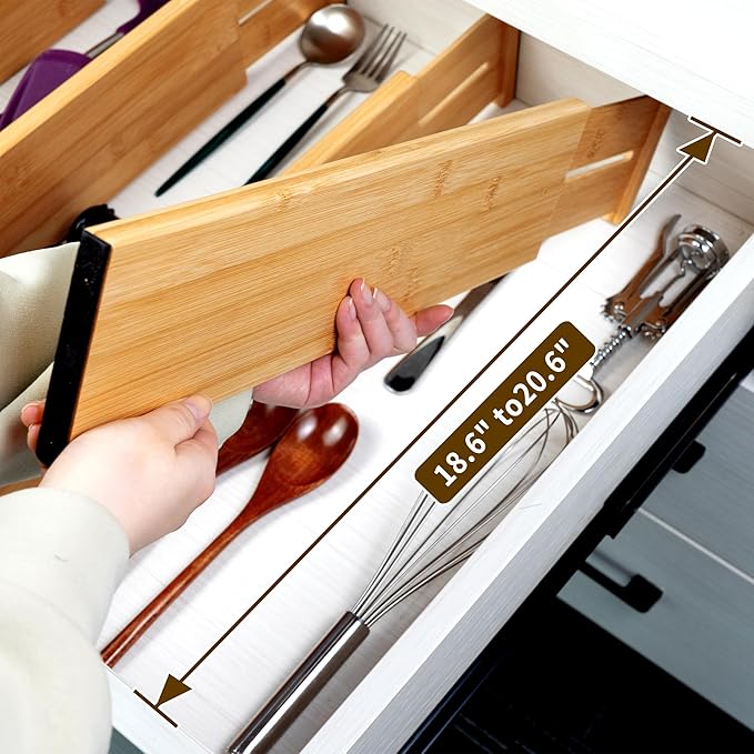 Utoplike Bamboo Drawer Dividers Large, 4'' High Adjustable Kitchen Drawer Organizers for Clothing, Spring Loaded, Works in Bathroom, Bedroom, Dresser, Desk, 4 pcs - Image 2