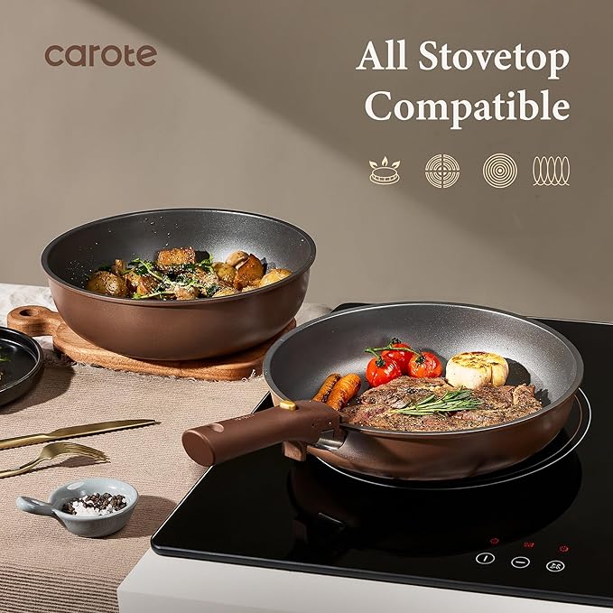 CAROTE 21pcs Pots and Pans Set, Nonstick Cookware Set Detachable Handle, Induction Kitchen Cookware Sets Non Stick with Removable Handle, RV Cookware Set, Oven Safe, Brown - Image 8
