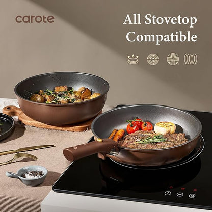 CAROTE 21pcs Pots and Pans Set, Nonstick Cookware Set Detachable Handle, Induction Kitchen Cookware Sets Non Stick with Removable Handle, RV Cookware Set, Oven Safe, Brown - Image 8