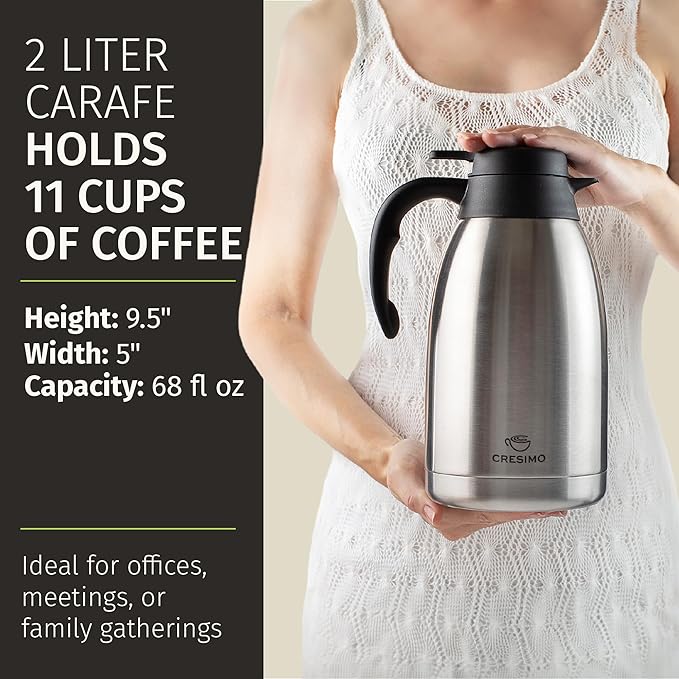 Thermal Coffee Carafe 2L / 68 oz – Updated 2025 Model – Insulated Stainless Steel Coffee Dispenser for Hot & Cold Drinks – 24h Cold / 12h Hot – Coffee Urn & Tea Carafe with Cleaning Brush by Cresimo - Image 6