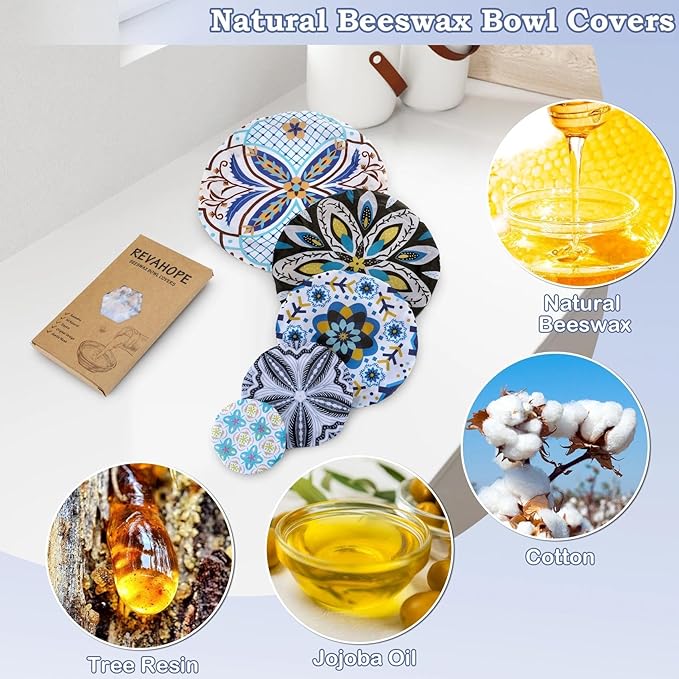 5-Size Reusable Beeswax Bowl Covers for Bread Proofing, Cotton Cloth Flexible Beeswax Wraps for Food Storage(Moroccan Style) - Image 3