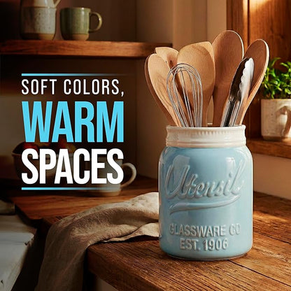 Comfify Wide Mouth Mason Jar Utensil Holder Decorative Kitchenware Organizer Crock, Dishwasher Safe - Kitchen Caddy Aqua Blue for Countertop, Large Size 7" Hight - Image 5