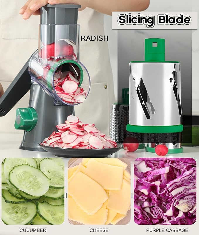 Ourokhome Rotary Cheese Grater Hand Crank, Kitchen Shredder Speed Mandolin Slicer Nuts Grinder with Handle and Drum Blades for Cheese, Vegetable, Walnuts, Chocolate, Potato, Carrot, 3 Blades, Gray - Image 2