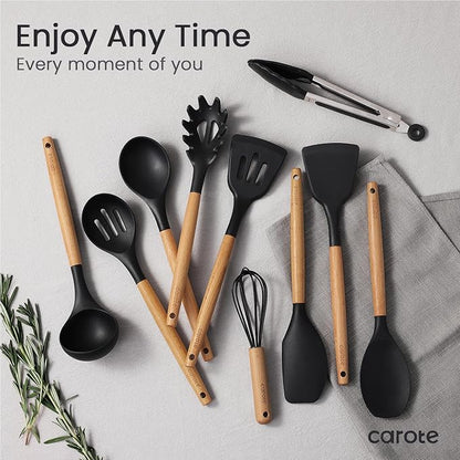 CAROTE Silicone Cooking Utensils Set for Nonstick Cookware, 446°F Heat Resistant Kitchen Utensil Set with Wooden Handle 10pcs, Spatula, Turner, Spoon, Tongs, Whisk - Image 3