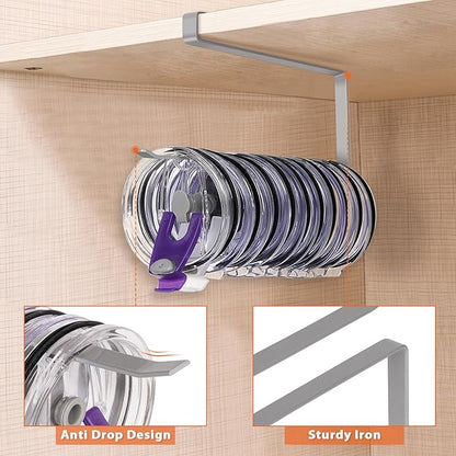 2 Pack Tumbler Lid Organizer, Horizontal Tumbler Lid Storage Hook to Hold Up 20 Lids, Space Saving Cup Lid Holders Under Cabinet Tumbler Lid Hook for Kitchen Organizer, Paper Towel Rack Hanger (Gray) - Image 4